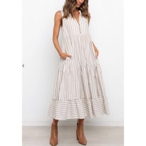 Petal + Pup Women's Tan White Striped V-Neck Sleeveless Tiered Midi Dress Size 8